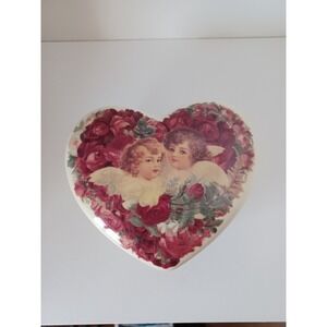Teleflora Heart Ceramic Trinket Box Cherub Angel‎ Red Rose Victorian Cream Gold